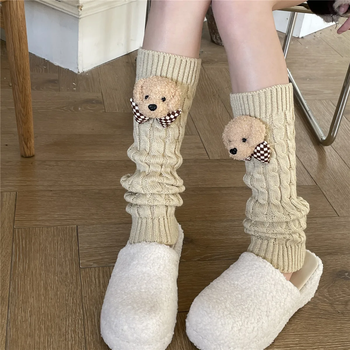 Sweet Girl Leg Warmers Cartoon Cute bear Long Socks for Women Lolita Y2k Harajuku Streetwear Knit Warm Foot Cover Autumn Winter