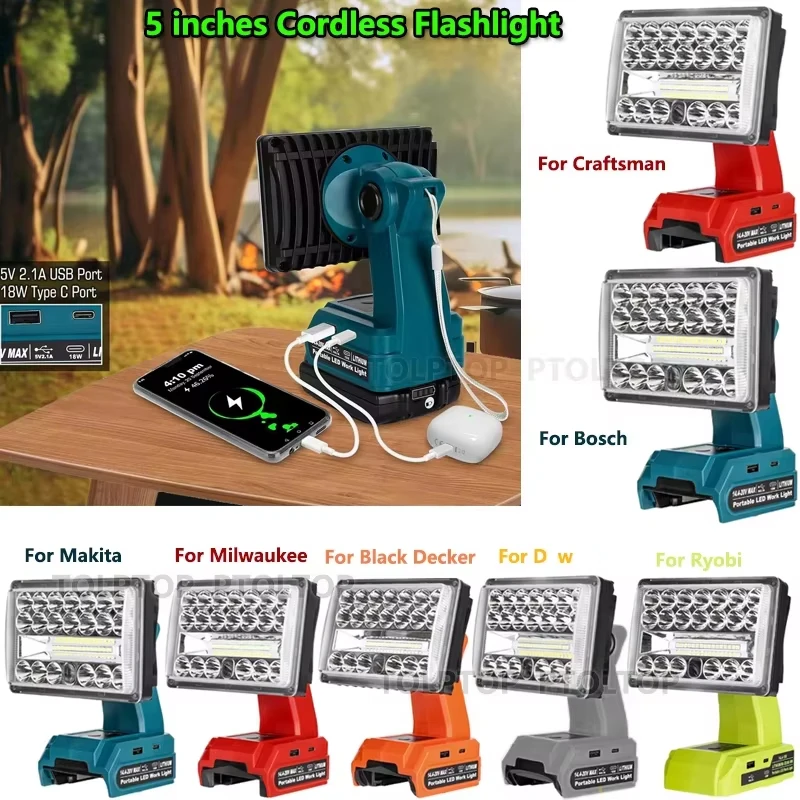 

Светодиодный фонарь 28 Вт с USB и Type-C, замена для аккумуляторов Dewalt/Makita/Bosch/Milwaukee/Ryobi/Black&Decker/Craftsman 18 В.