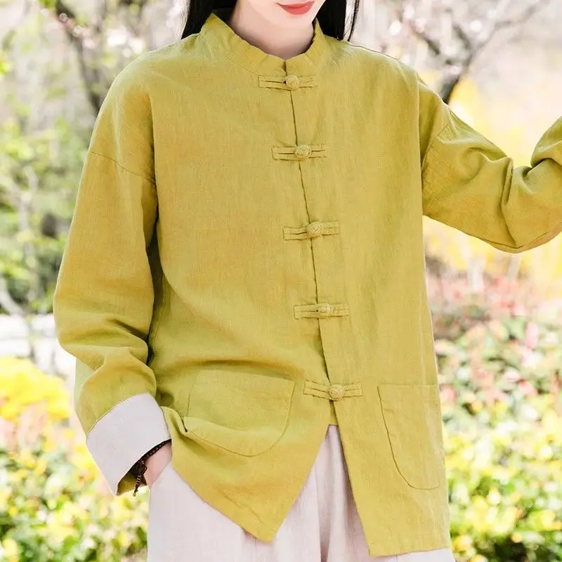 Autumn Cotton and Linen Cardigan Female Buddhist Retro Tang Style Tai Chi Clothing Chinese Button Tea Clothing Top Zen Shirt