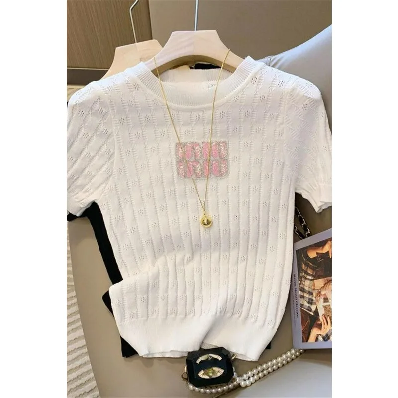 المتناقضة اللون رسالة مرصع الماس قصيرة الأكمام محبوك المرأة 2025 صيف جديد الحبيب التوابل فتاة تي شيرت #1