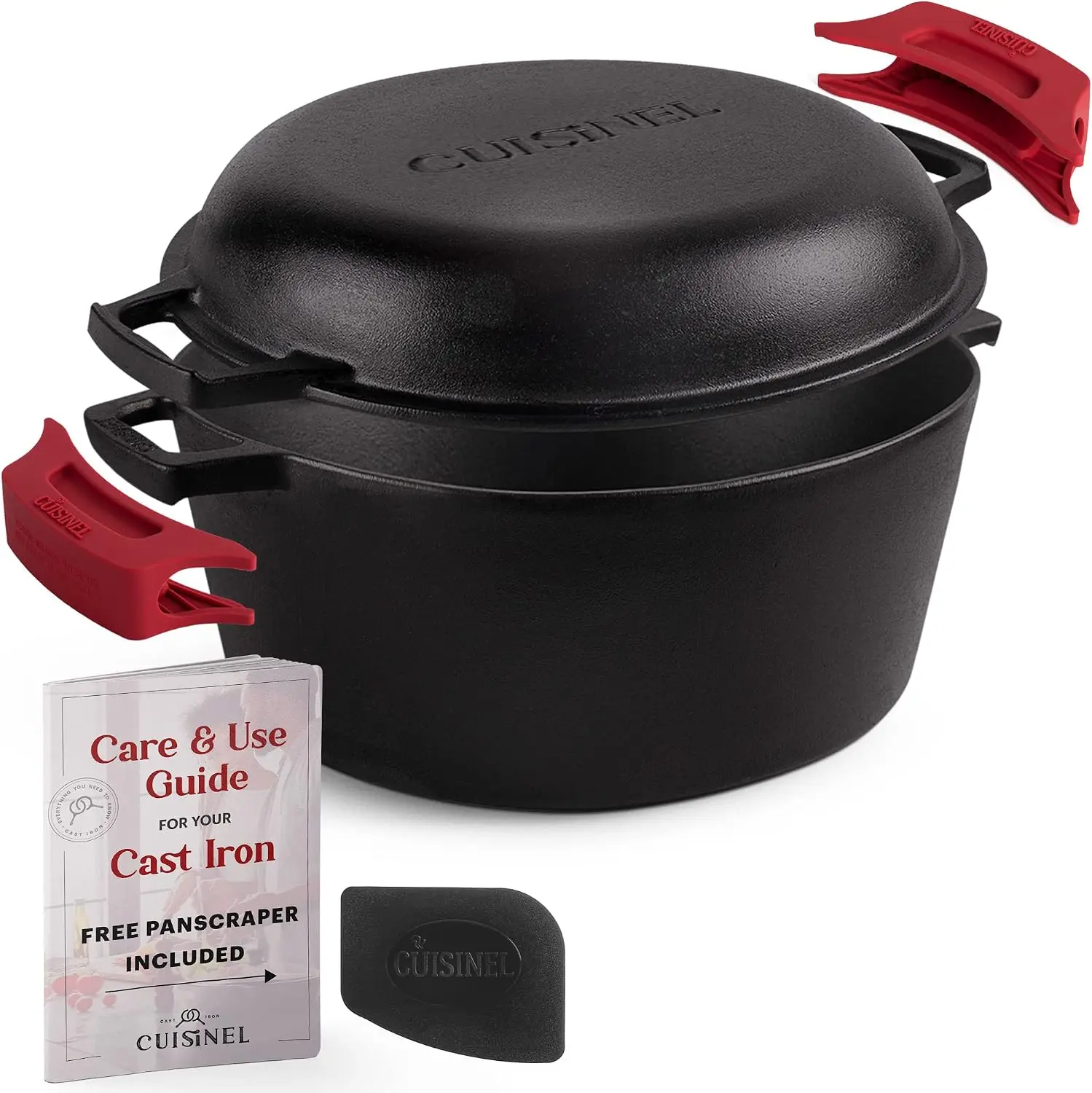Pre-Seasoned Cast Iron Dutch Oven, 7-Quart, 2-in-1 Multi-Cooker with Lid That Converts to a 12-Inch Frying Pan, Includes Silicon