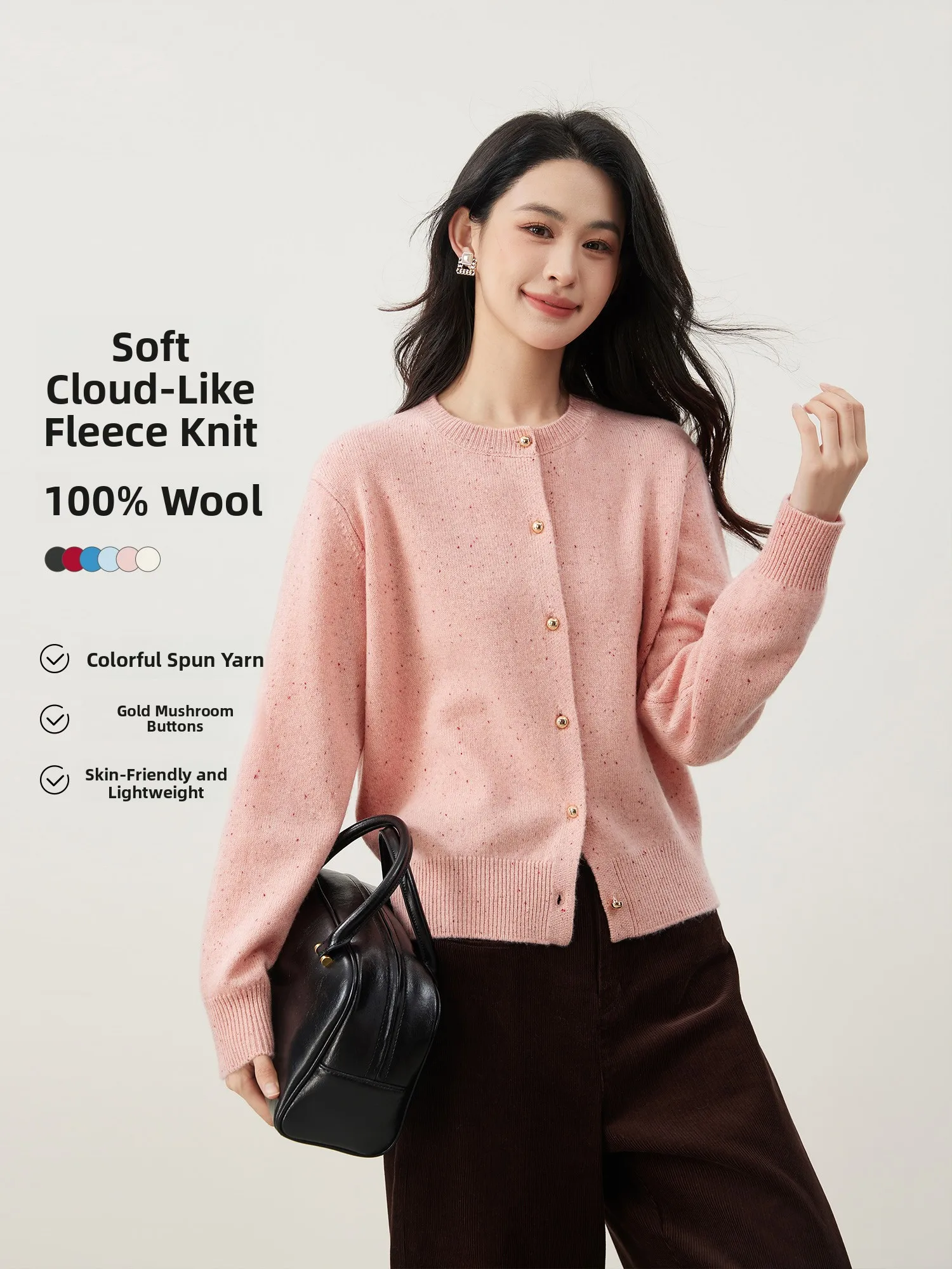 

MIJOR Quality 100% Wool Short Knitted Cardigan Women's Pure Color Dot Classic Versatile Open Front Warm Elegant Style Coat
