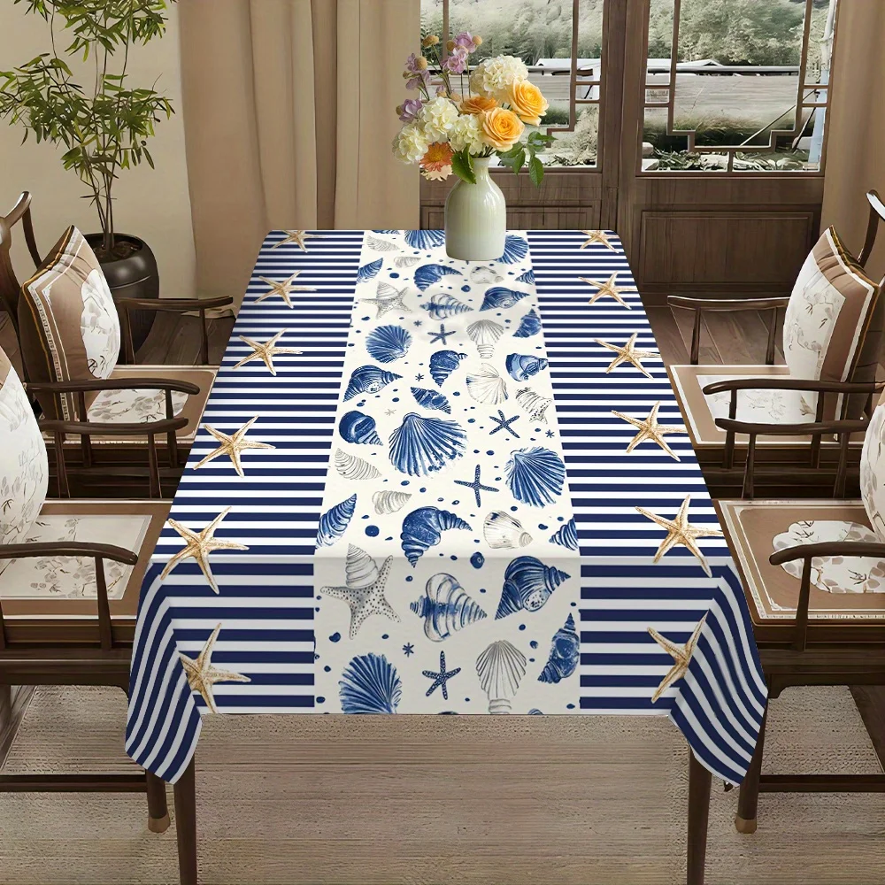 1pc Polyester tablecloth, ocean-themed tablecloth, with seashells, starfish and shell patterns, machine-woven table cover.PMJ