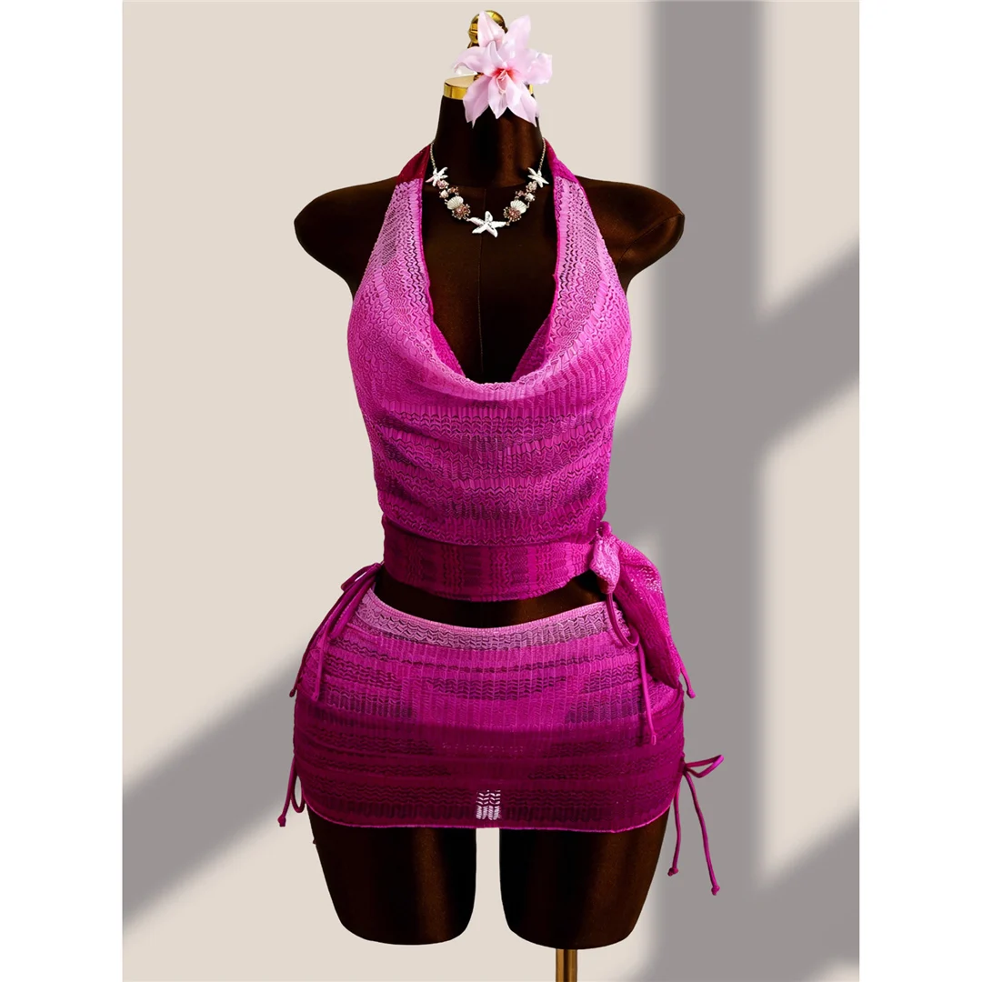 Mit Rock, Farbverlauf, Neckholder-Bikini, Damen-Badebekleidung, Damen-Badeanzug, vierteiliges Bikini-Set, Badeanzug, Badebekleidung, Schwimmanzug V8219 – Detail 4