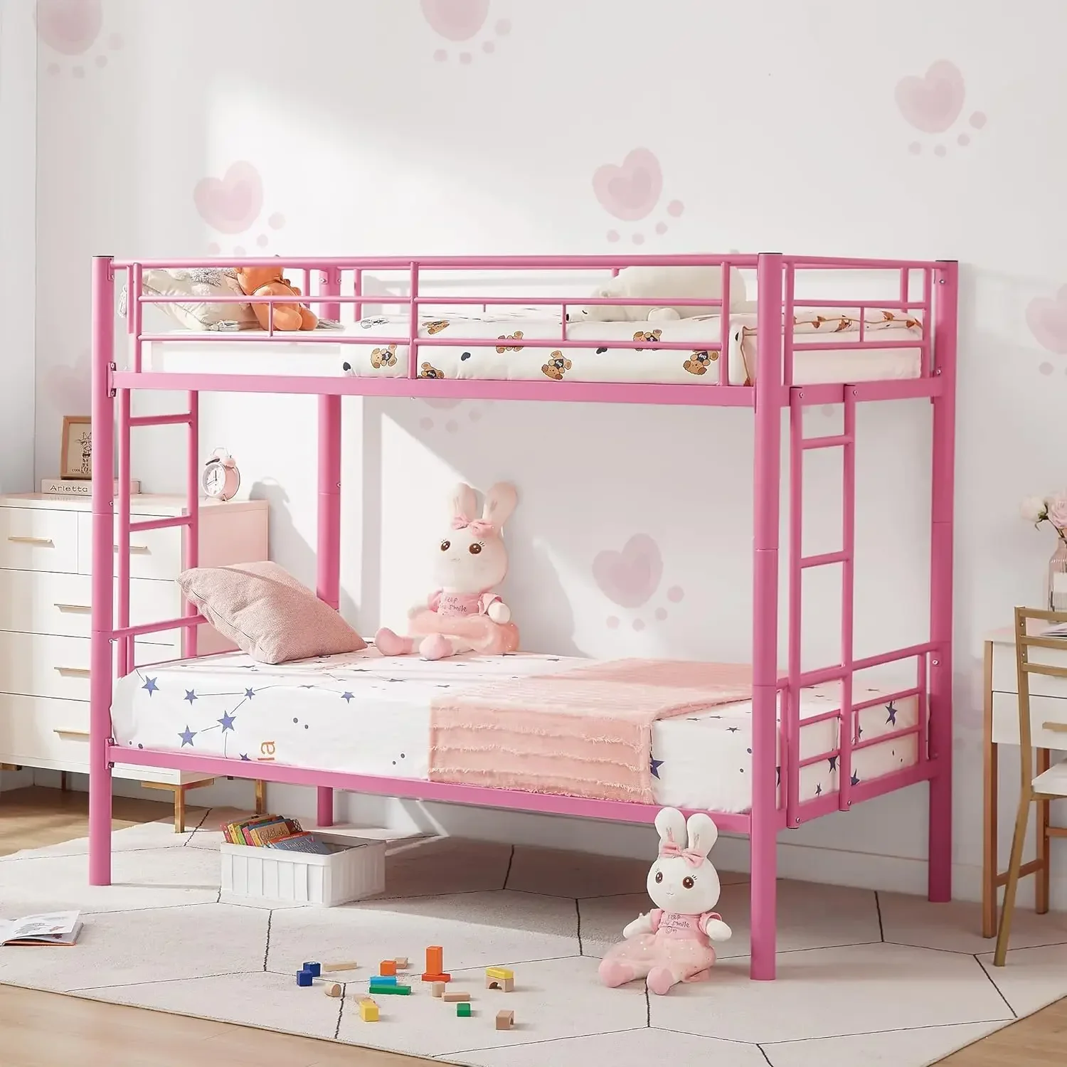 Metal Bunk Bed Twin Over Twin, Industrial Bunkbeds with Ladder and Full-Length Guardrail, Noise Free, No Boxing Spring Needed