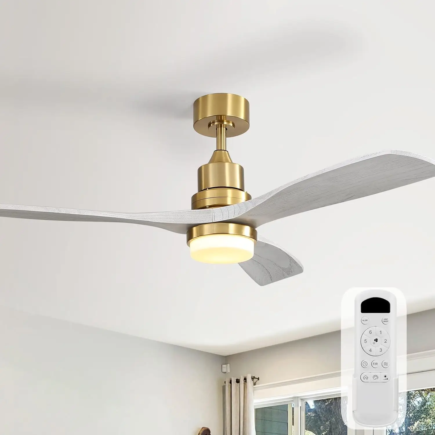 

52-Inch Modern Ceiling Fan with Lights and Remote Control - Solid Wood Blades, Quiet DC Motor, Grey and Gold, for Bedroom, Living Room, Indoor, Outdoor, Farmhouse, Patio