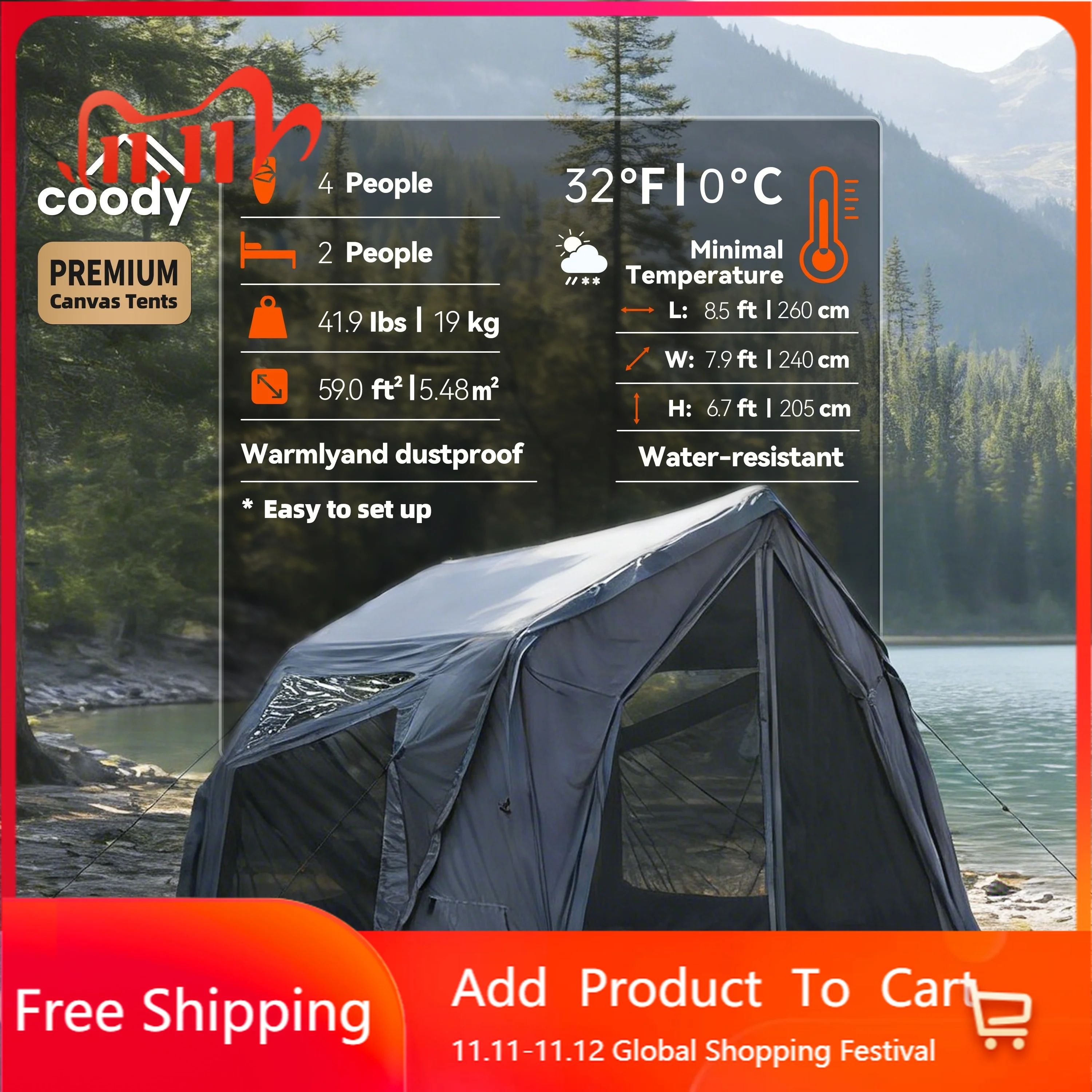 Coody Yustona Gray Inflatable Tent Durable Portable Outdoor Camping Shelter