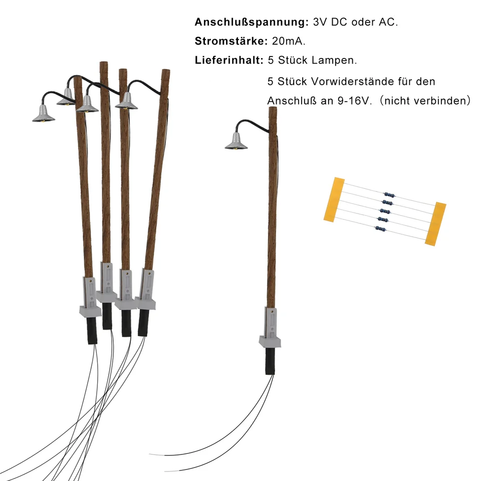 Lot De 5 Lampadaires LED Modèle Ferroviaire – Échelle HO/TT/N, Blanc Chaud, Résistances Incluses Pour 12-16V