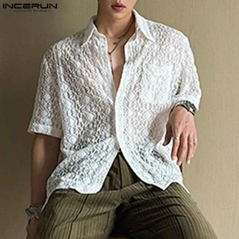 INCERUN Men Shirt Lace Hollow Out Lapel Short Sleeve Men Clothing Summer Transparent Vacation 2024 Loose Streetwear Shirts S-5XL