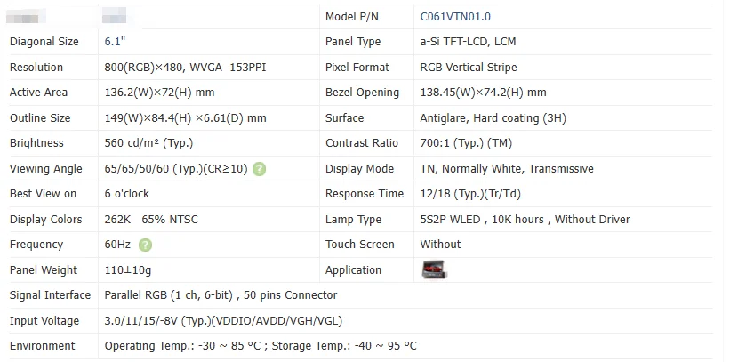 LCD Display Screen 6.1 inch C061VTN01.0  Compact Vehicle Display with Touch Screen Panel Automotive Accessories