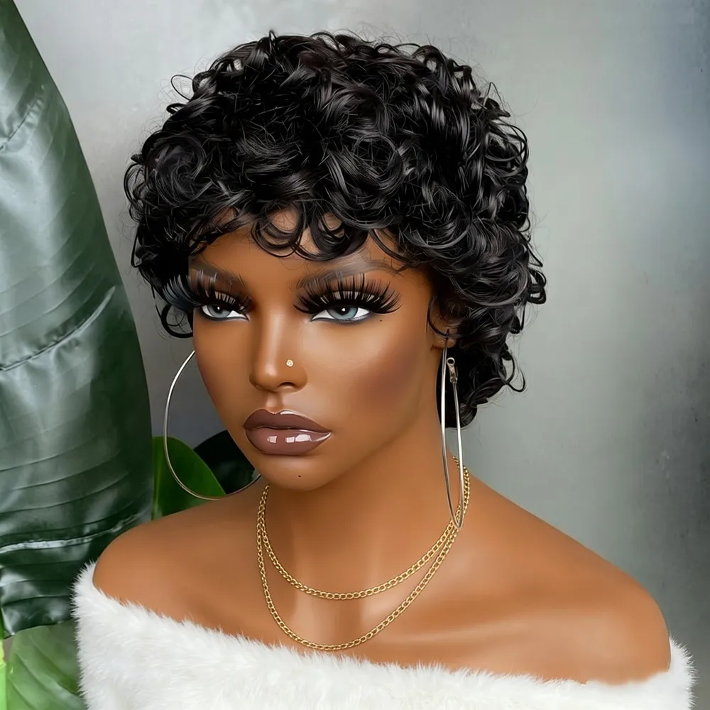 

pixie cut machine made 150% density 6inch black wig Human Hair Wigs short curly Wigs for Women Party Gift daily use