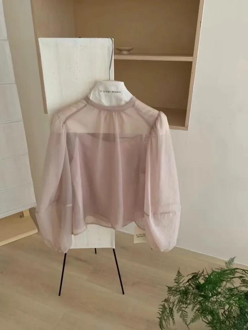 Miiiix-Conjunto de dos piezas de chaleco de tirantes con protección solar Micro transparente, camisa de cuello redondo, Top de manga de linterna de envejecimiento suave, camisa pequeña