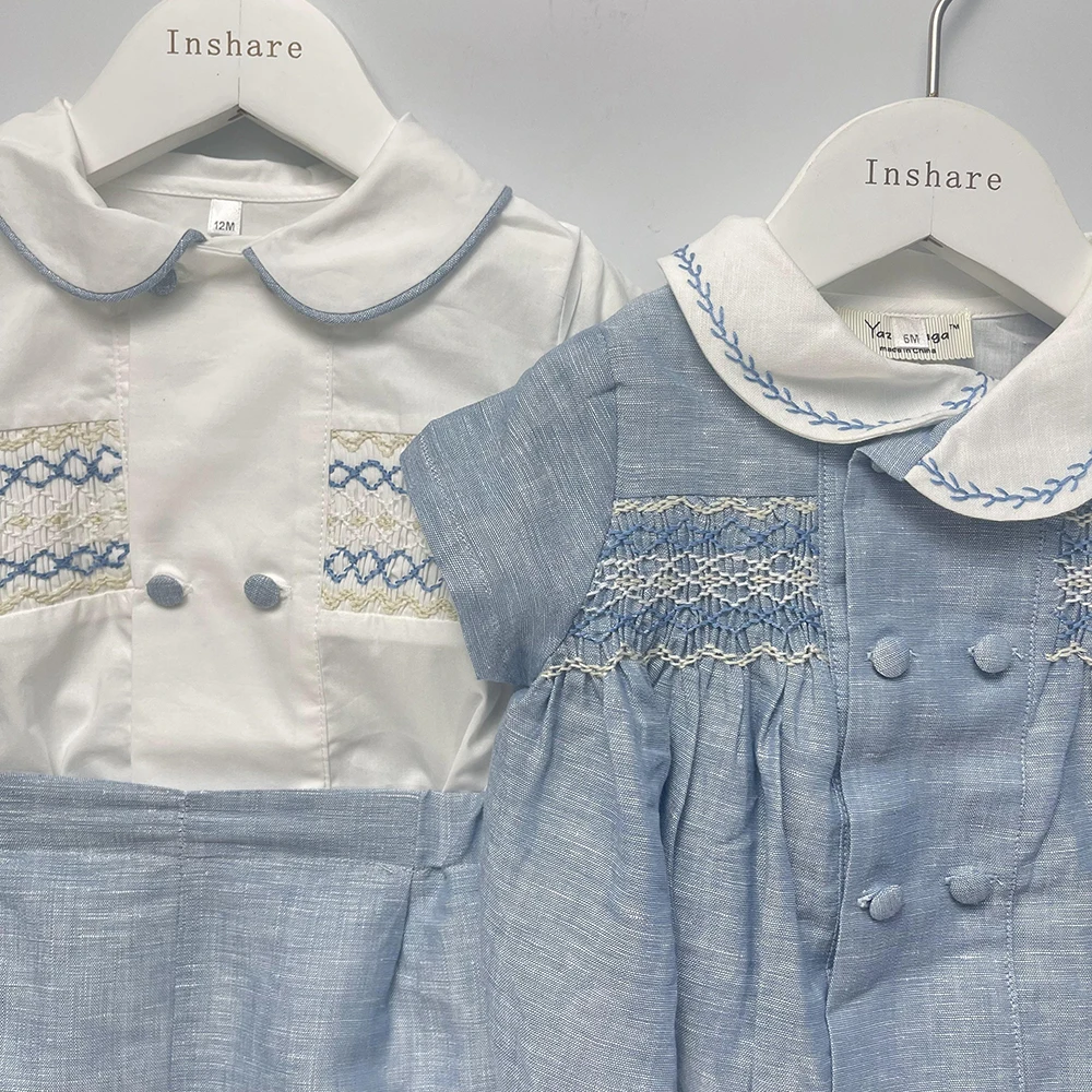 Children Boutique Clothing Boy Handmade Smocked Embroidered Set Blue Cotton Short Sleeves Siblings Outfit Christening Birthday