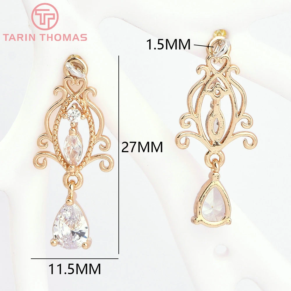 (7779) 6PCS 11.5x27MM 24K Gold Color Brass with Zircon Auspicious Knot Charms Pendants High Quality DIY Jewelry Findings