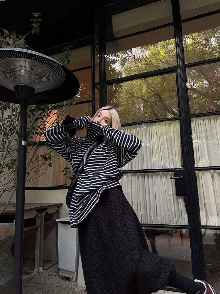 

Женская футболка MSKIN6 с высоким воротником, в полоску, свободного кроя, с длинным рукавом, из смесового хлопка с аммиаком, универсальная, повседневная, приталенная