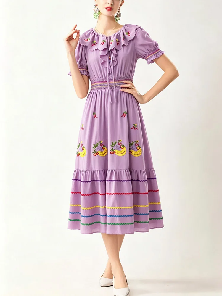 

JUNLINNA Fashionable Women Runway Dress Ruffles O-neck Short Puff Sleeve Embroidery Vestidos Elastic Waist Party Street
