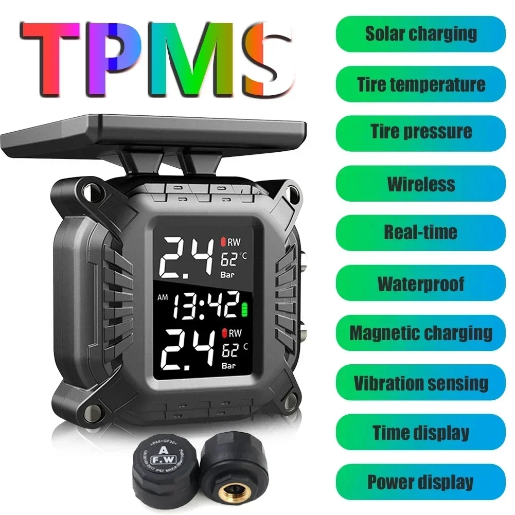 Solar Charging TPMS Motorcycle Tire Pressure Sensors Motorbike Tire Pressure Monitoring System Tyre Temperature Alarm System