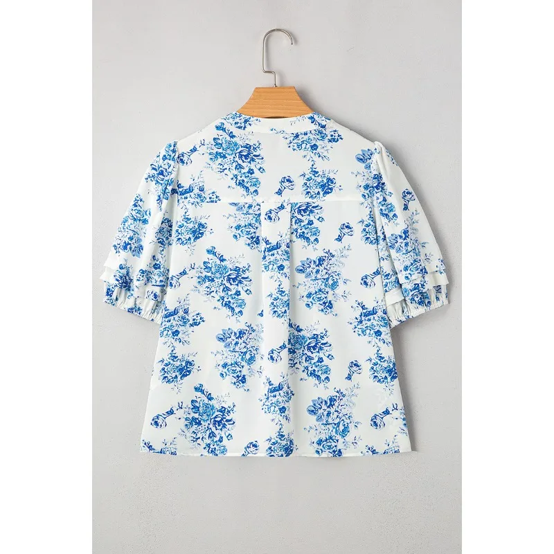 2025 Summer Fashion Printed Single Breasted Shirt Women O Neck Short Sleeve Buttons Casual Versatile Commute Street Blouses