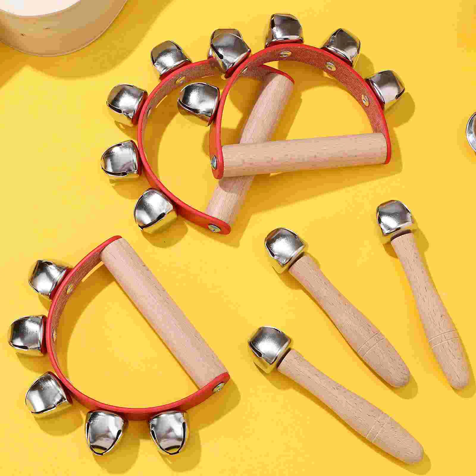 8 Pcs Single Stick and One Bell Rattle Half-moon Shaped Five-ling Hand Rod Wooden Jingle Rattles Metal