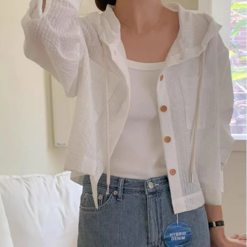 Summer Striped Loose Casual All-Match Short Long Sleeve Sun Protection Hooded Shirt Cardigan Top Korean Version Outfit for Women