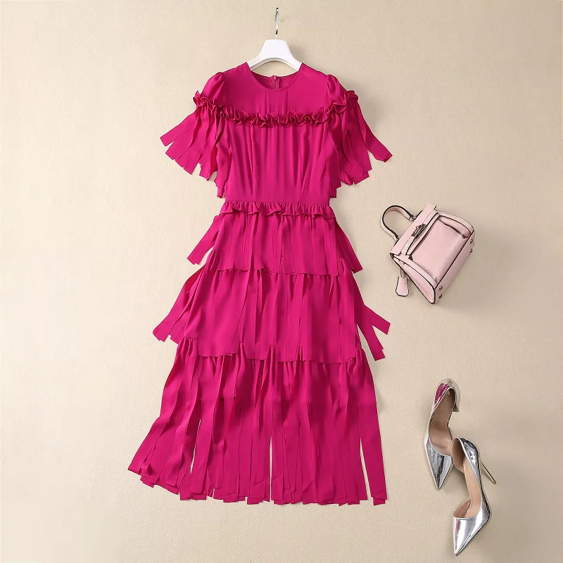 High Quality New Tassel Dress 2025 Spring Summer Designer Fashion Clothes Lady Ruffle Floral Deco Short Sleeve Sexy Club Dress