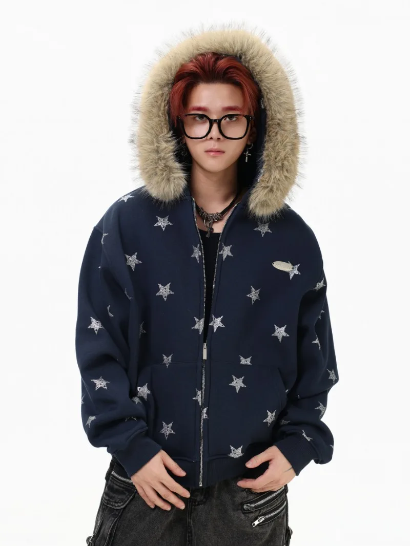 American Retro Fashion Trend Star Print Fleece Hoodie Loose Casual Zipper Jacket Unisex