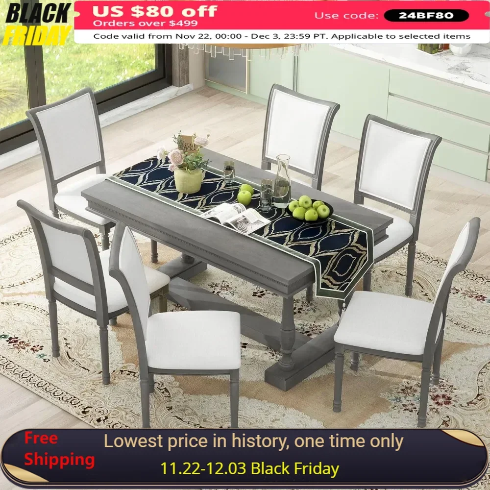 

Dining Table Set, 4 Trestle Base and 6 Upholstered Chairs with Ergonomic Seat Back, Wood Dining Table Set, 7 Pcs