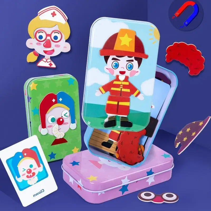 Magnetic Dress Up Puzzle Toys Children Dress Up Change Facial Expression Game Iron Box Storage For Kid Early Learning Party Gif