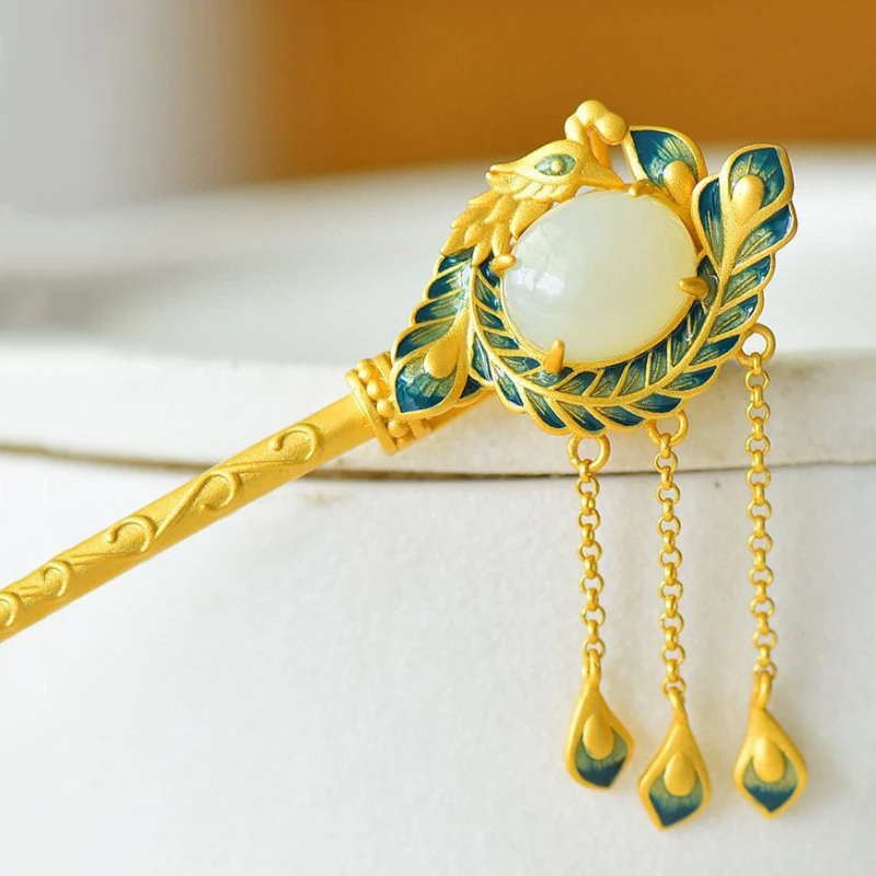 Natural Hotan Jade hair pin Hanfu Retro enamel green peacock tassel tiara Ancient gold crafts high-level hair jewelry accessorie