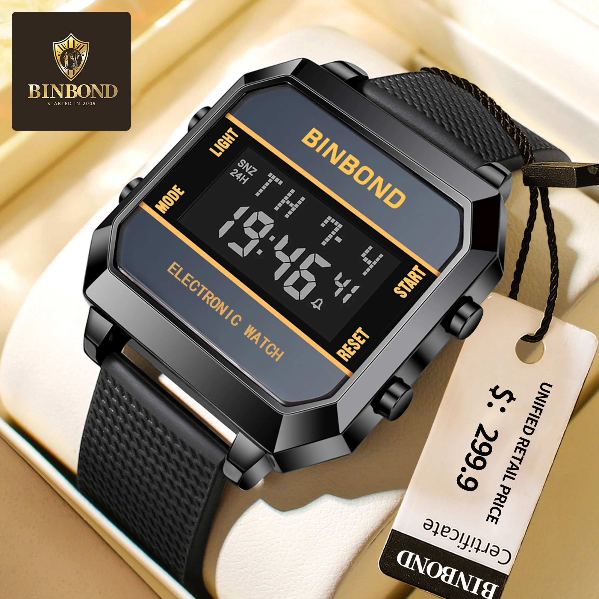 

BINBOND brand multifunctional men's watch, alarm clock, chronograph, LED display screen, electronic watch