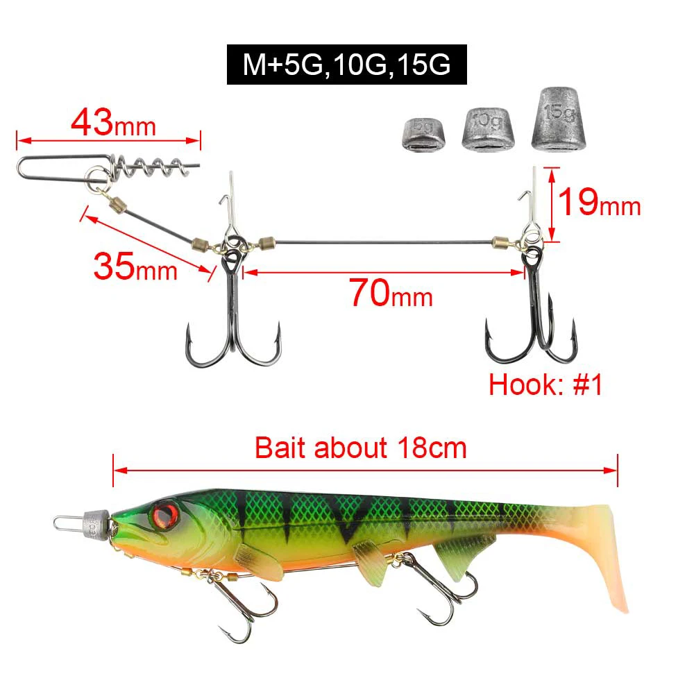 Spinpoler Stinger Fishing Rig Hook Pin Screw Connector Set With Weight For Pike Bass Perch Soft Bait Barbed Sharp Treble Hooks