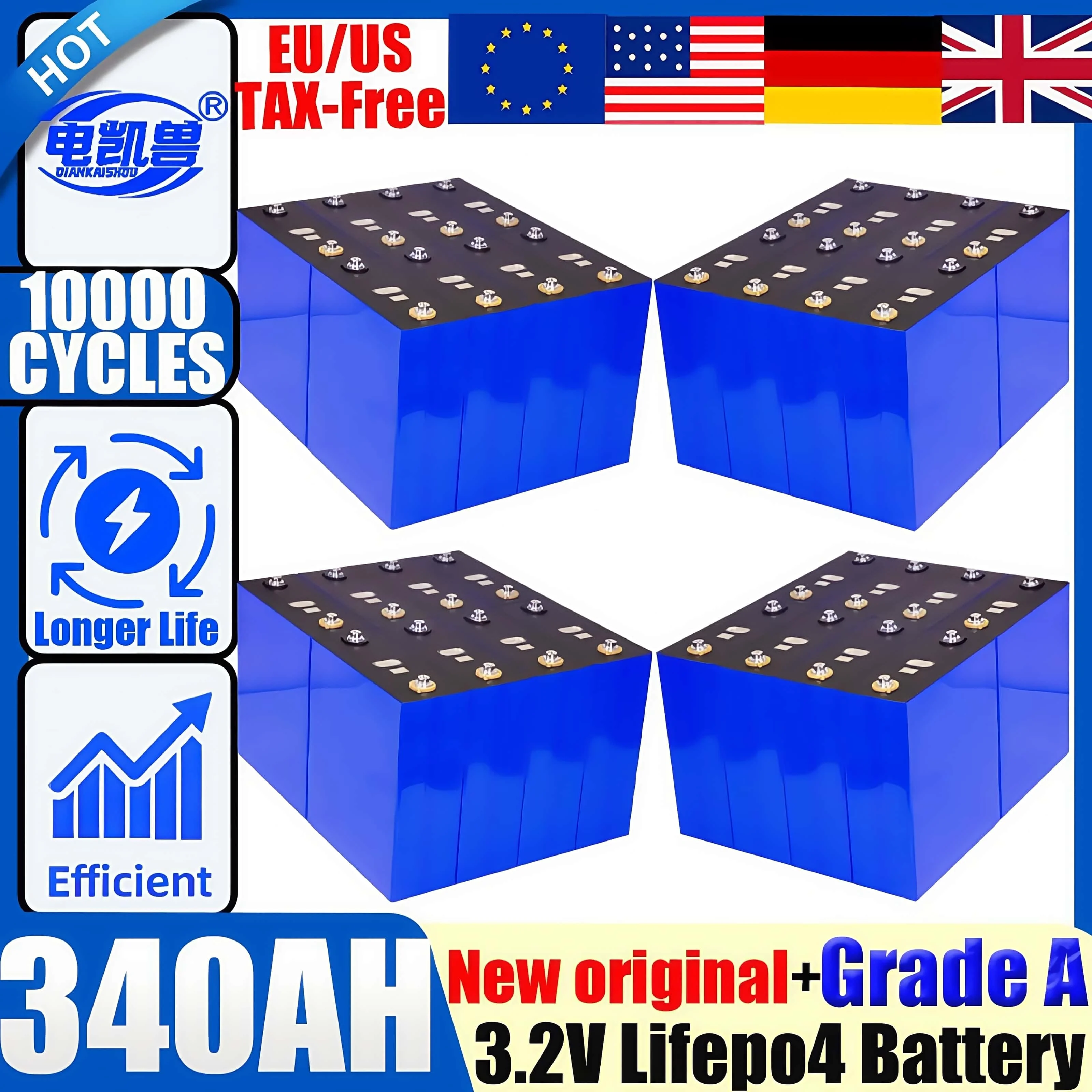

3.2V 340Ah 10000 cycles LiFePO4 cell rechargeable battery suitable for DIY 12V 24V 48V caravan marine solar energy system no tax
