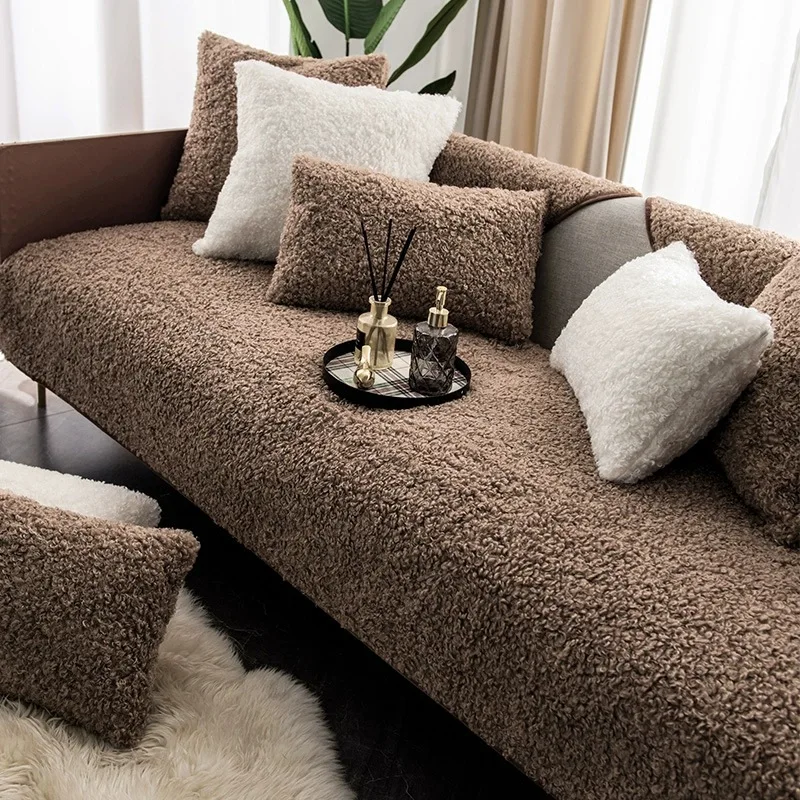 Winter Thick Plush Sofa Cushion Anti Slip Soft Silicone Sofa Cover Teddy Curly Mat Soft Fluffy Dustproof Living Room Decoration