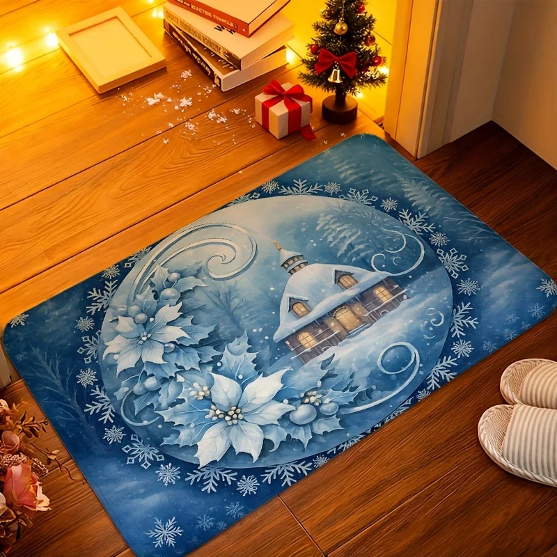 Retro Golden Bell Snow Forest Print,hallway,entryway,living room,kitchen Ornament,Washable Seasonal Holiday Decor floor mat