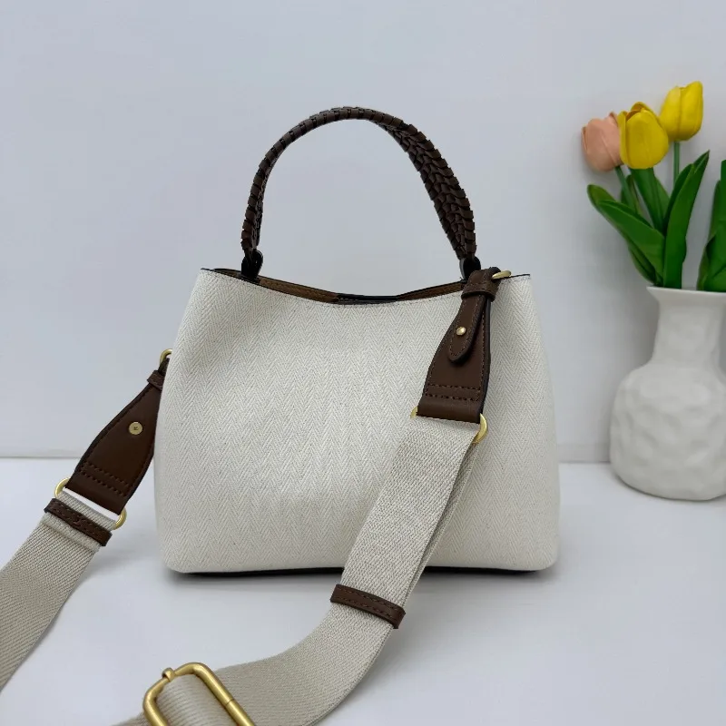 Retro Large Capacity Commuter Bucket Bag Fashionable Shoulder Crossbody Tote Bag Simple Canvas Multifunctional Handbag