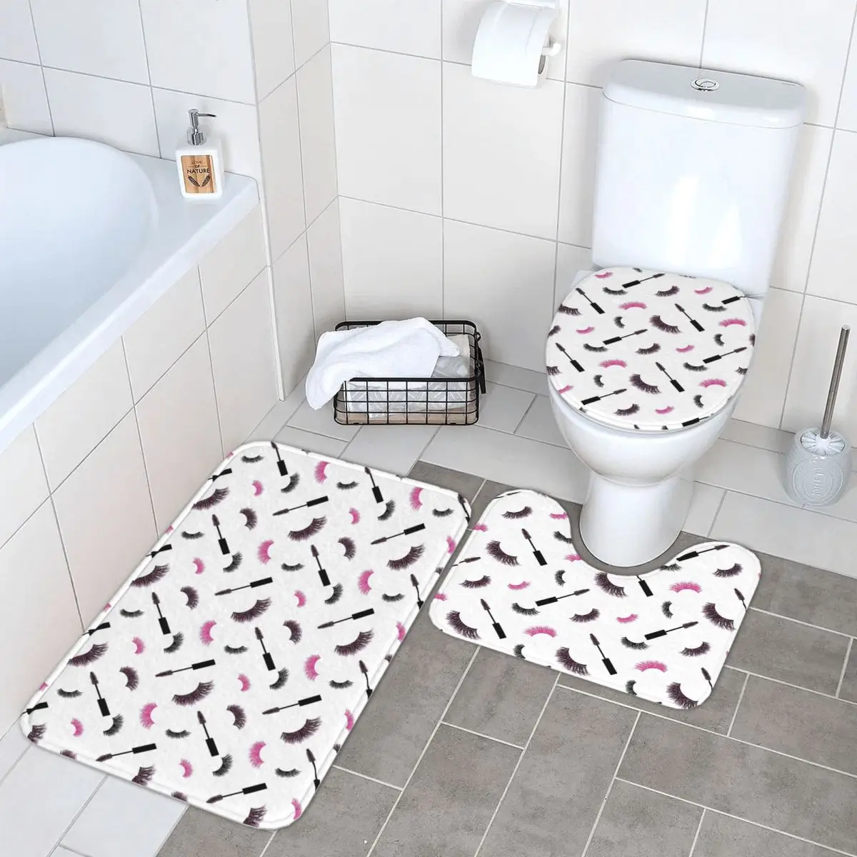 

Lashes And Mascara With Pink Glitter Pattern 3 Pcs Bath Mat Bathroom Set Toilet Lid Cover Home Decor Non-Slip Carpet Floor Rug