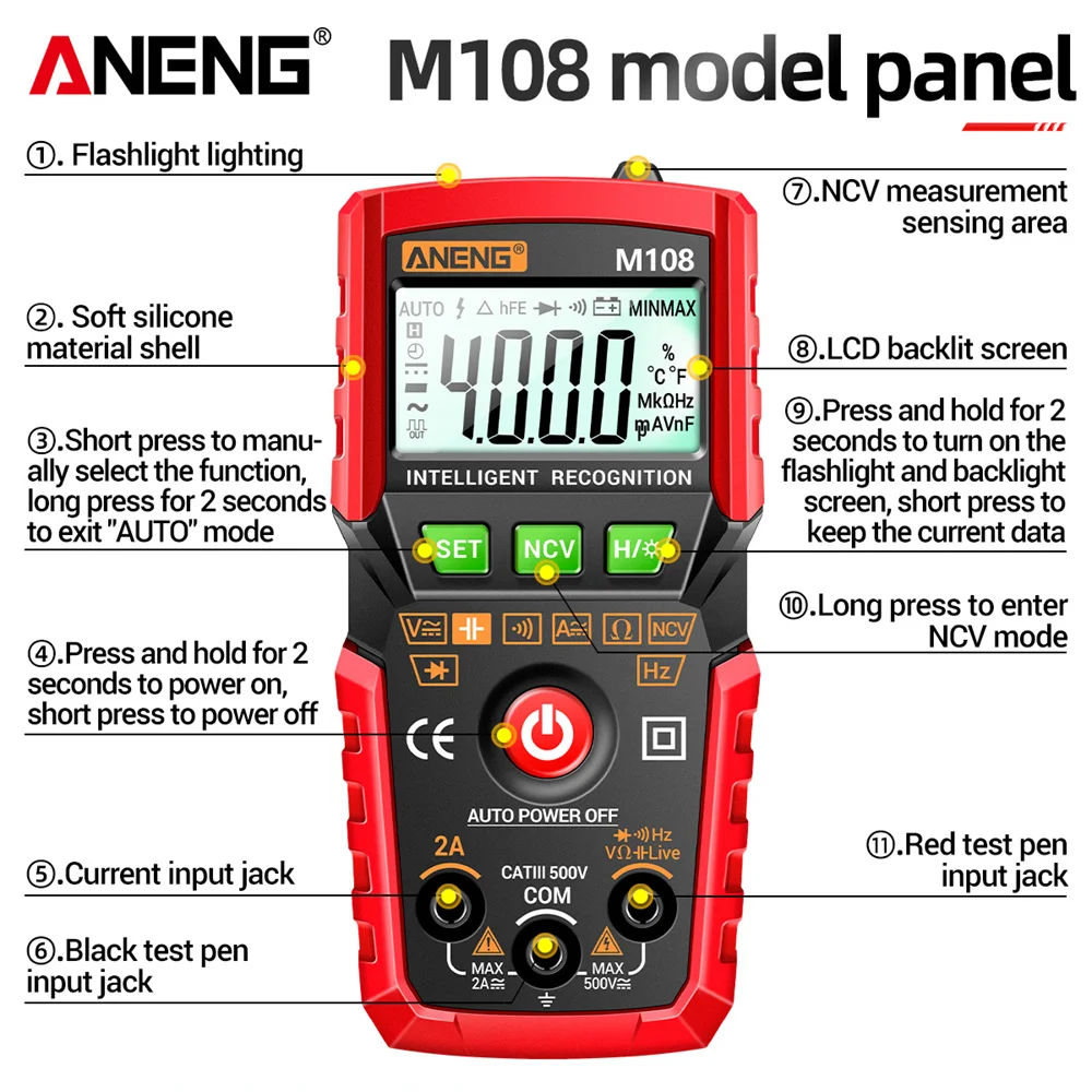 ANENG M108 MIni Digital Multimeter 4000 count AC/DC Electrical Instruments Tester Auto Multimetro digital profesional meter