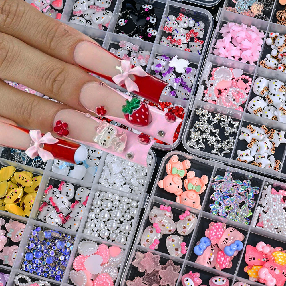 12Grids/Box Sanrioed Cartoon Nail Jewelry Charms Kawaii Kuromi Hello Kitty Melody Nail Rhinestone Gems for Manicure Resin Crafts