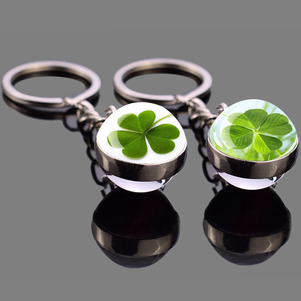 Natural Four-leaf Clover Glass Ball Keychain Daisy Metal Keyring Lucky Fashion Accessories for Women St. Patrick Day Jewelry