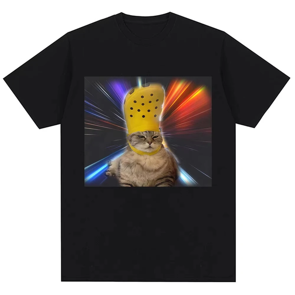 

Funny Cat with Croc on Its Head Meme T Shirt Men Women Humor Popular Joke T-shirts Personality Oversized Cozy Cotton O-Neck Tees