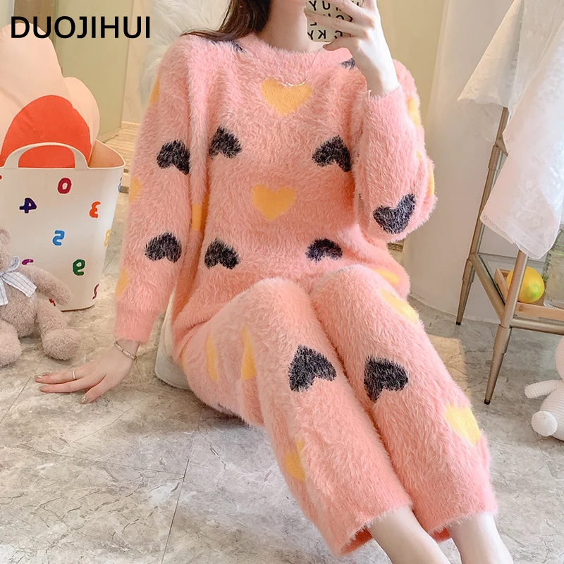 DUOJIHUI Two Piece Fashion Printing Warm Soft Female Pajamas Set Winter New O-neck Pullovers Basic Pants Loose Pajamas for Women