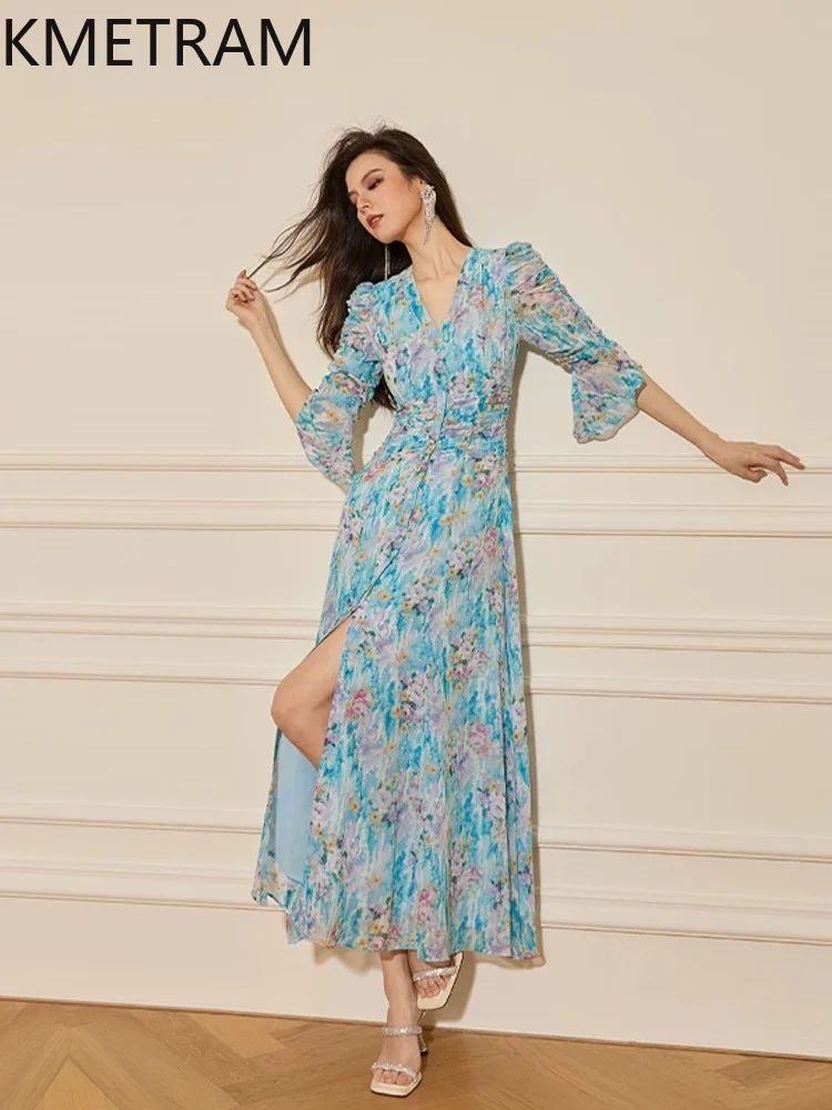 KMETRAM Romantic Orchid Print V-Neck Dresses for Women Elegant Slit Long Dress French Summer Frocks 2026 Woman Clothing vestidos