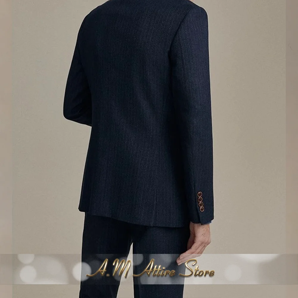 Navy blue men's suit 3-piece set peak lapel jacket double breasted vest pants striped formal OOTD wedding groom prom party Dress