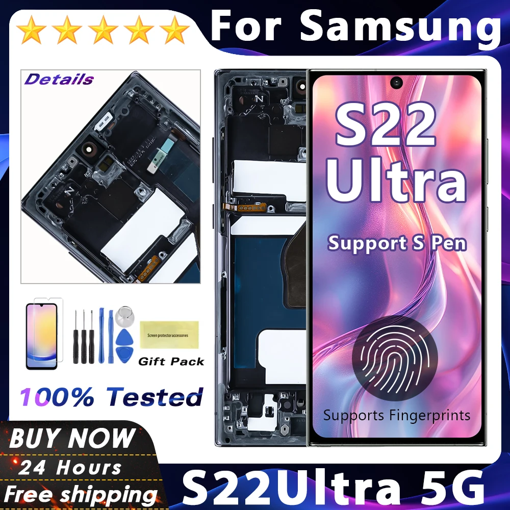 Super AMOLED For Samsung S22 Ultra 5G S908B/DS S908N S908U S908E LCD S22Ultra Display Digital Touch Screen with Frame Parts