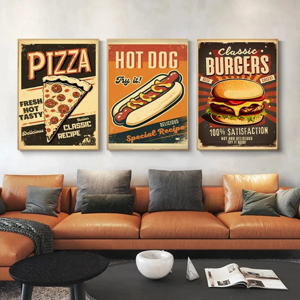 Vintage  Advertisement Delicious Fast Food Poster Retro Chicken Pizza Beer Canvas Painting Wall Art Kitchen Home Decor Chef Gift