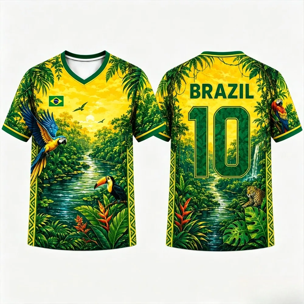 Tropical Jungle Parrot Waterfall Print Men T‑Shirt V‑Neck Quick Dry Athletic Workout Sport Jersey Top