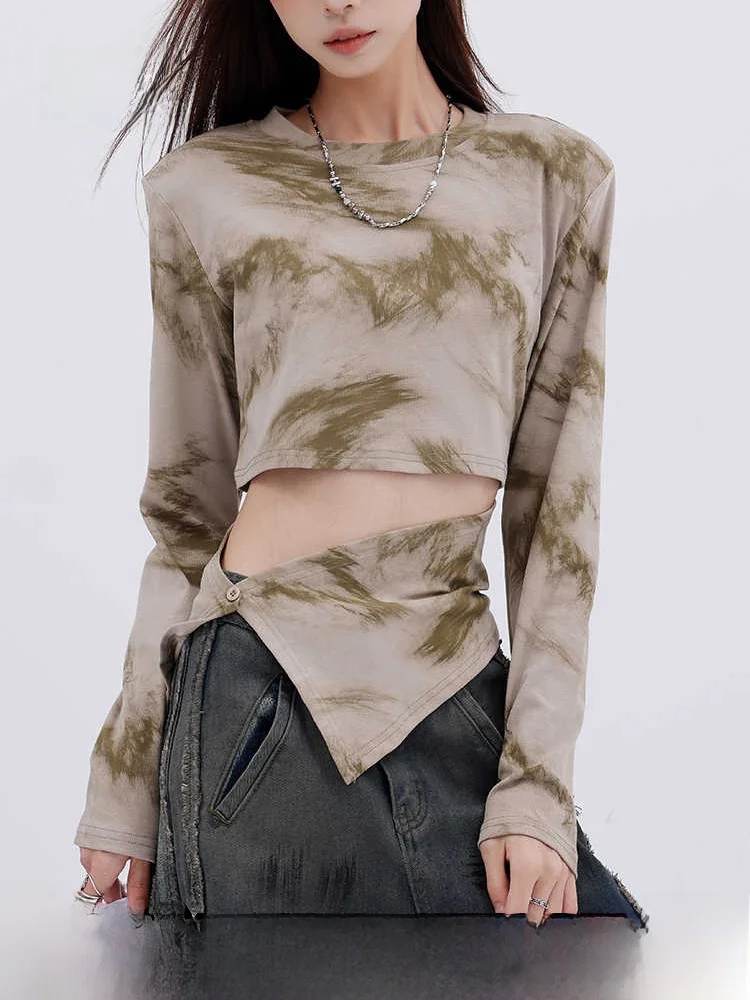 

Street Sle Long Sve round Ne Dyeing Splicing Design Base irt T-irt Women's Sexy Slim Fit Versatile Top