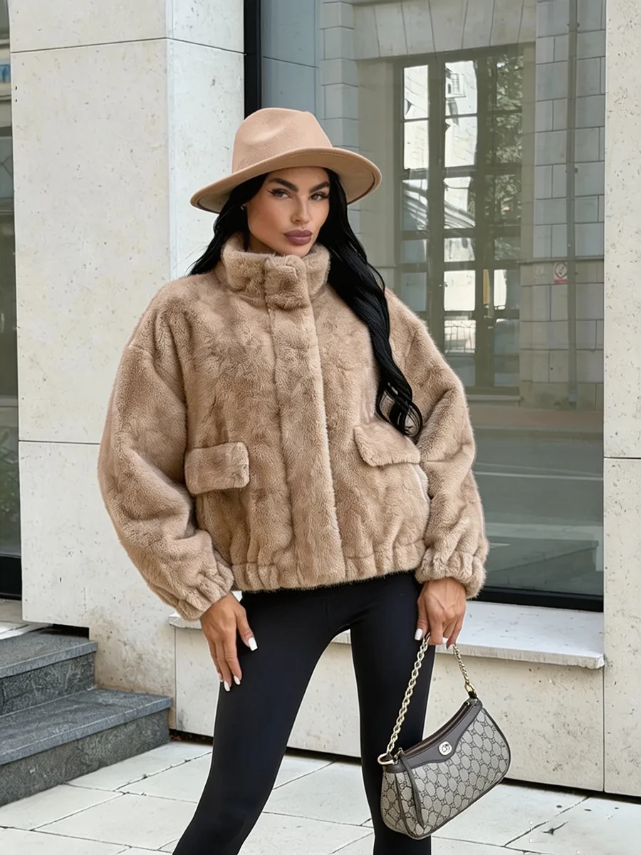 Women Winter 2026 Cropped Faux Fur Coat Stand Collar Zip Up Fluffy Plush Jacket Camel Bomber Outwear Warm