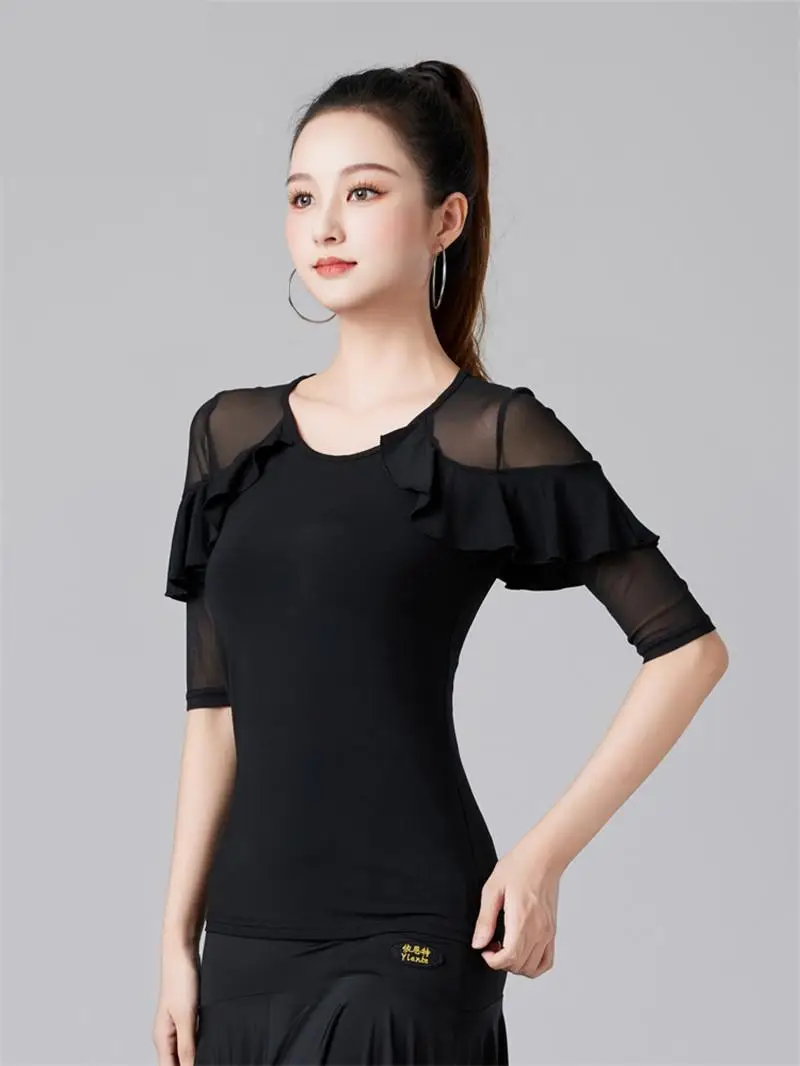 Summer Mesh Patchwork Ballroom Standard Dance Skirts Latin Girls Rhinestones Korean Style Clothing Women Classical Ruffle Tops