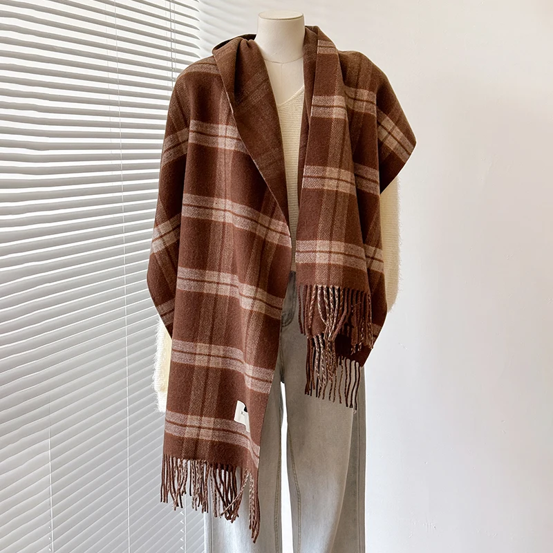 وشاح منقوش مخطط من الكشمير المقلد للنساء الدافئ - شال بتصميم جاكار سميك بسيط لخريف وشتاء
